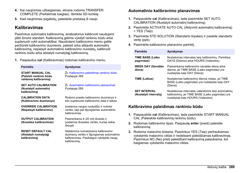 Kalibravimas, Automatinio kalibravimo planavimas, Kalibravimo paleidimas rankiniu būdu | Hach-Lange HACH 5500 sc SiO2 Operations User Manual | Page 269 / 394
