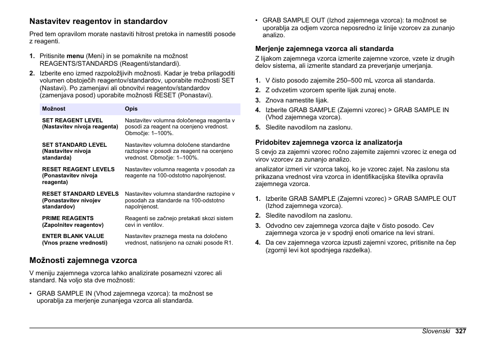 Nastavitev reagentov in standardov, Možnosti zajemnega vzorca, Merjenje zajemnega vzorca ali standarda | Pridobitev zajemnega vzorca iz analizatorja | Hach-Lange HACH 5500 sc SiO2 Operations User Manual | Page 327 / 394