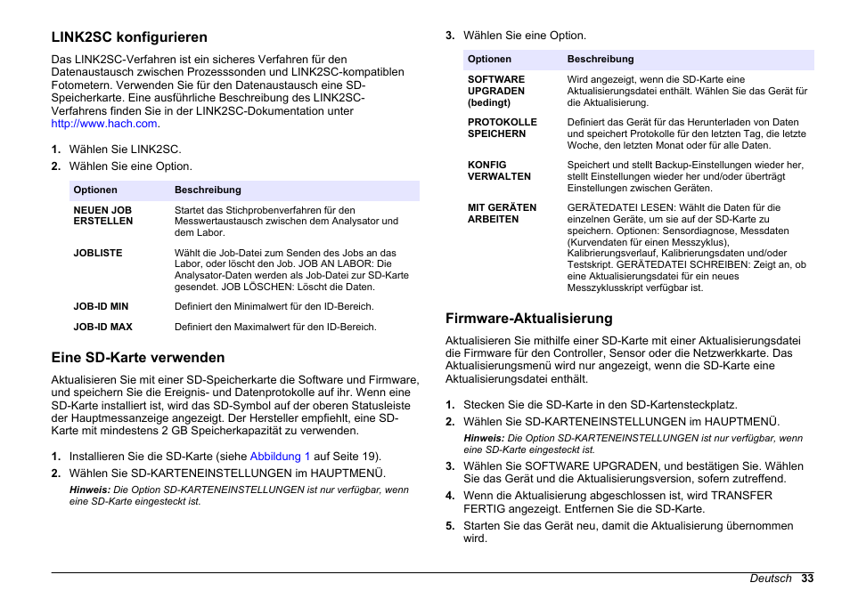 Link2sc konfigurieren, Eine sd-karte verwenden, Firmware-aktualisierung | Hach-Lange HACH 5500 sc SiO2 Operations User Manual | Page 33 / 394