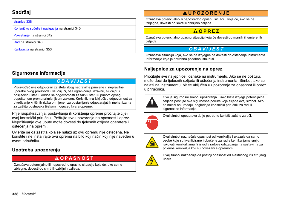 Operacije, Sadržaj, Sigurnosne informacije | Upotreba upozorenja, Naljepnice za upozorenje na oprez, Hrvatski | Hach-Lange HACH 5500 sc SiO2 Operations User Manual | Page 338 / 394