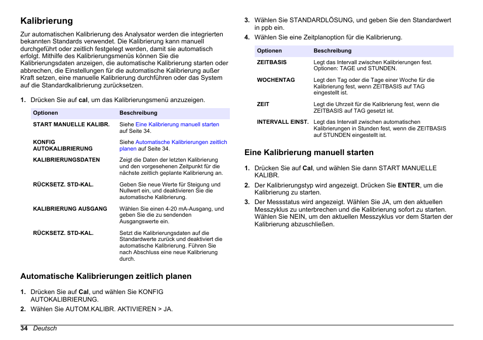 Kalibrierung, Automatische kalibrierungen zeitlich planen, Eine kalibrierung manuell starten | Auf seite 34 | Hach-Lange HACH 5500 sc SiO2 Operations User Manual | Page 34 / 394