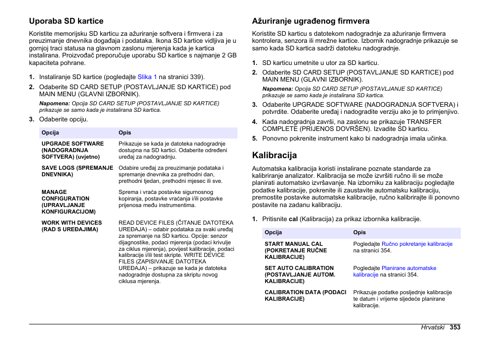 Uporaba sd kartice, Ažuriranje ugrađenog firmvera, Kalibracija | Izračune ili parametre kalibracije. pogledajte, Kalibracije pogledajte | Hach-Lange HACH 5500 sc SiO2 Operations User Manual | Page 353 / 394