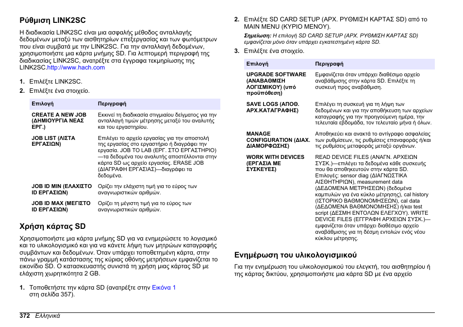 Ρύθμιση link2sc, Χρήση κάρτας sd, Ενημέρωση του υλικολογισμικού | Hach-Lange HACH 5500 sc SiO2 Operations User Manual | Page 372 / 394