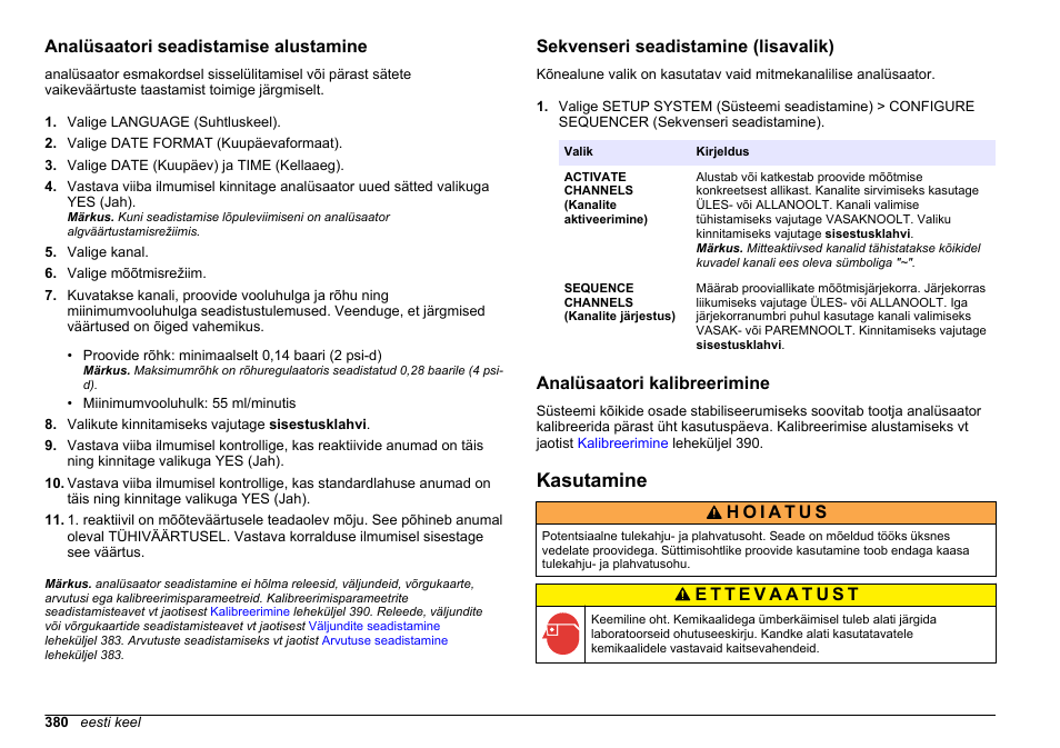 Analüsaatori seadistamise alustamine, Sekvenseri seadistamine (lisavalik), Analüsaatori kalibreerimine | Kasutamine | Hach-Lange HACH 5500 sc SiO2 Operations User Manual | Page 380 / 394