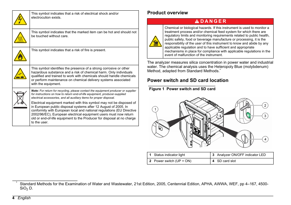 Product overview, Power switch and sd card location | Hach-Lange HACH 5500 sc SiO2 Operations User Manual | Page 4 / 394