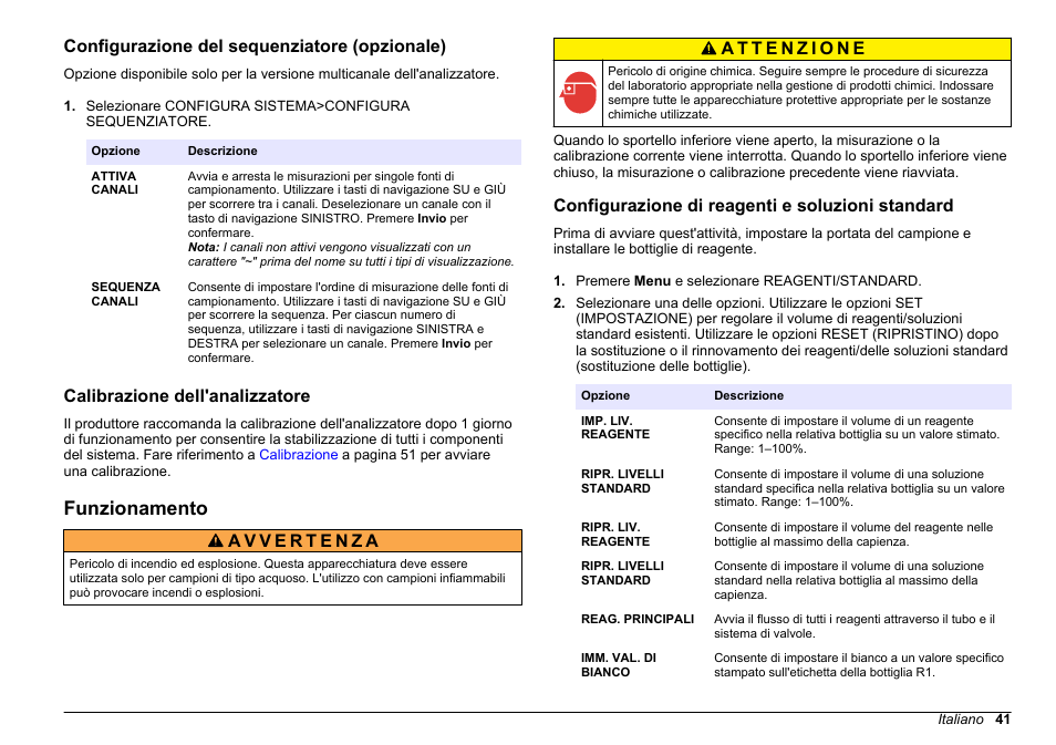 Configurazione del sequenziatore (opzionale), Calibrazione dell'analizzatore, Funzionamento | Configurazione di reagenti e soluzioni standard | Hach-Lange HACH 5500 sc SiO2 Operations User Manual | Page 41 / 394