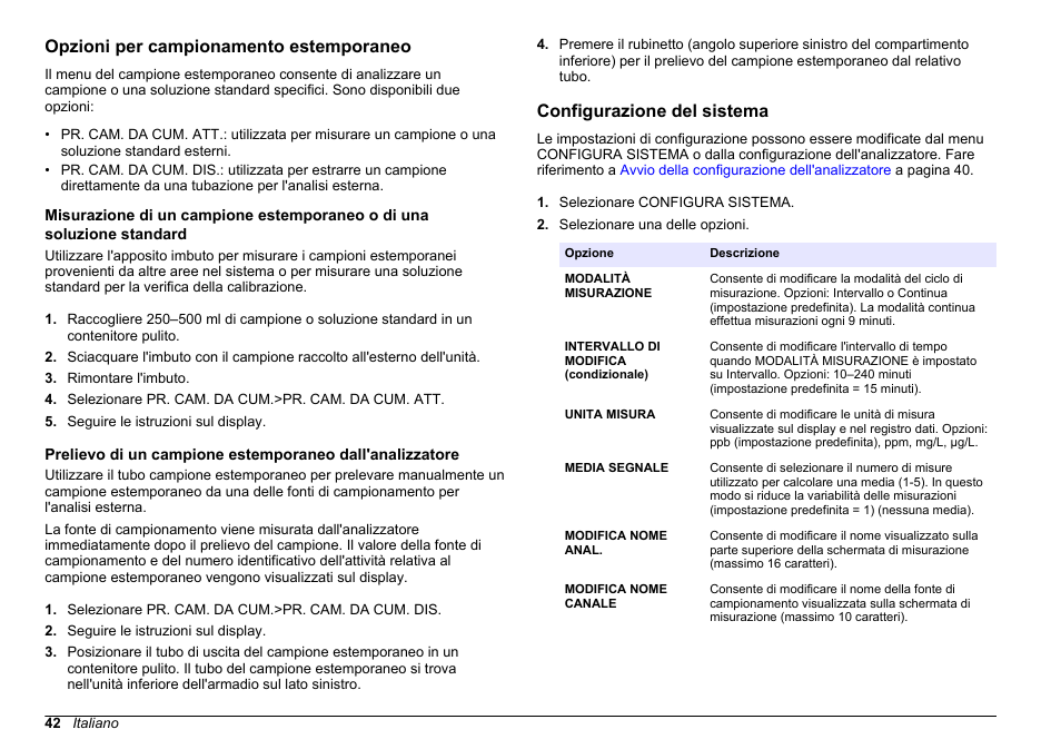Opzioni per campionamento estemporaneo, Configurazione del sistema | Hach-Lange HACH 5500 sc SiO2 Operations User Manual | Page 42 / 394