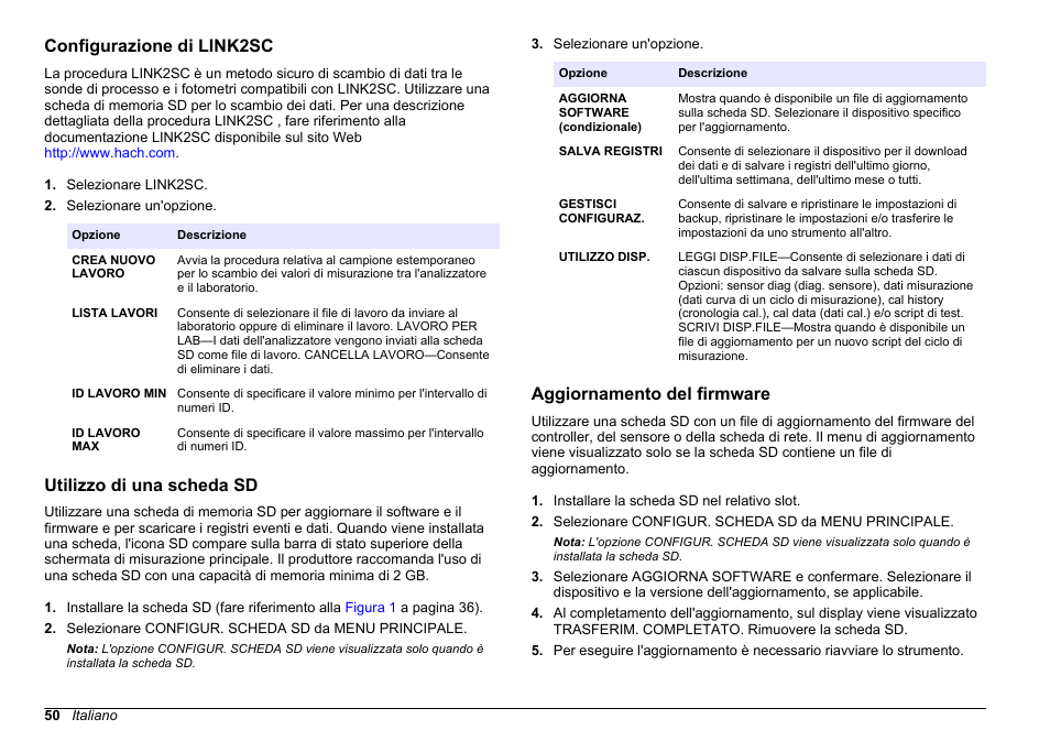 Configurazione di link2sc, Utilizzo di una scheda sd, Aggiornamento del firmware | Hach-Lange HACH 5500 sc SiO2 Operations User Manual | Page 50 / 394