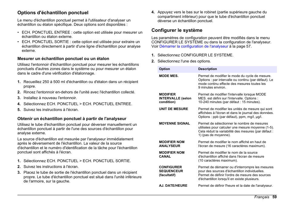 Options d'échantillon ponctuel, Mesurer un échantillon ponctuel ou un étalon, Configurer le système | Hach-Lange HACH 5500 sc SiO2 Operations User Manual | Page 59 / 394