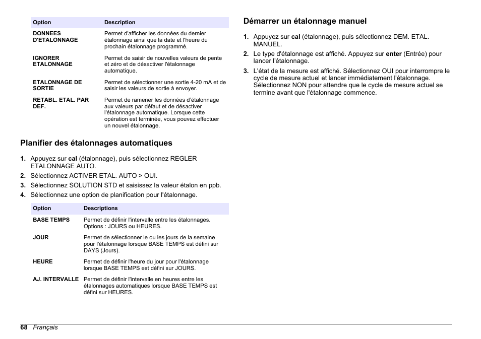 Planifier des étalonnages automatiques, Démarrer un étalonnage manuel, Voir | Hach-Lange HACH 5500 sc SiO2 Operations User Manual | Page 68 / 394