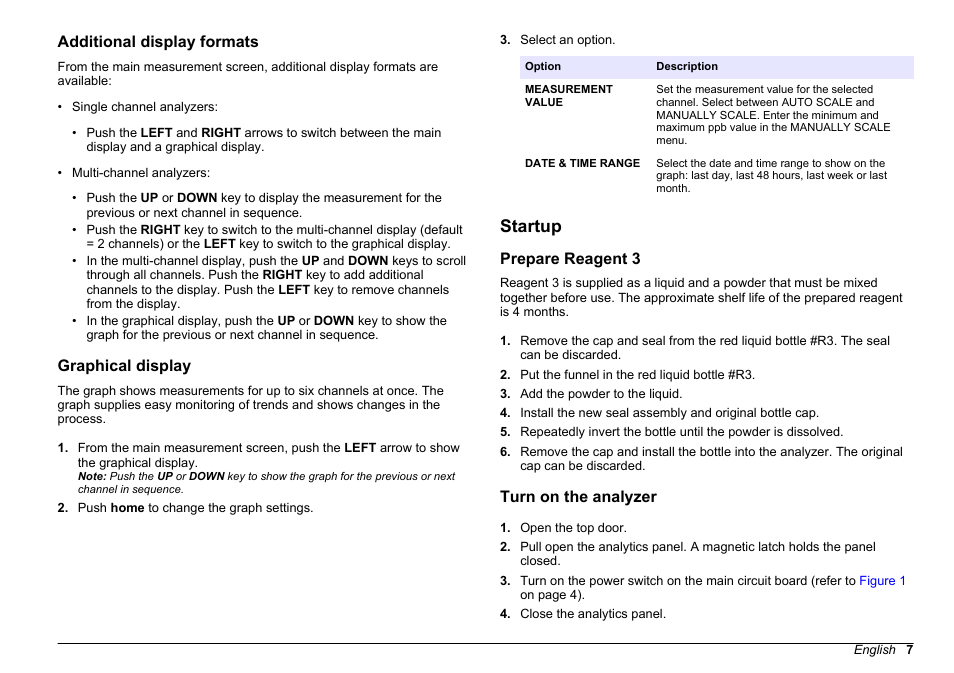 Additional display formats, Graphical display, Startup | Prepare reagent 3, Turn on the analyzer | Hach-Lange HACH 5500 sc SiO2 Operations User Manual | Page 7 / 394