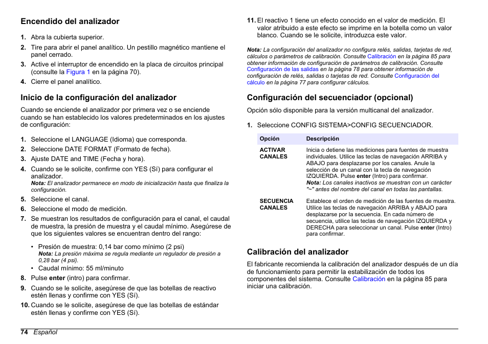 Encendido del analizador, Inicio de la configuración del analizador, Configuración del secuenciador (opcional) | Calibración del analizador | Hach-Lange HACH 5500 sc SiO2 Operations User Manual | Page 74 / 394