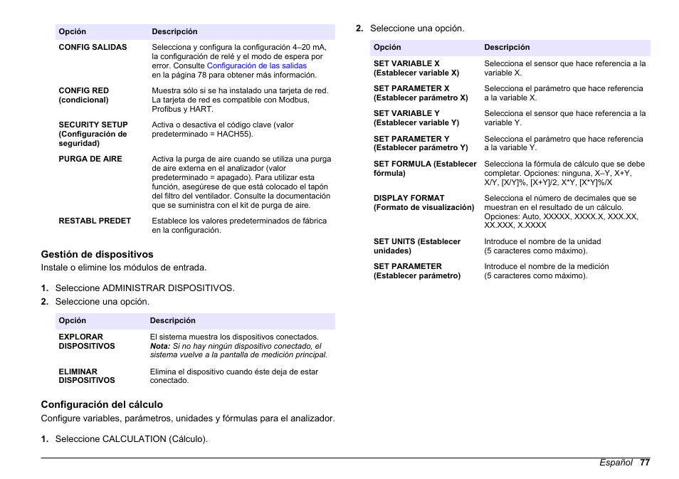 Gestión de dispositivos, Configuración del cálculo, Configuración del | Cálculo | Hach-Lange HACH 5500 sc SiO2 Operations User Manual | Page 77 / 394