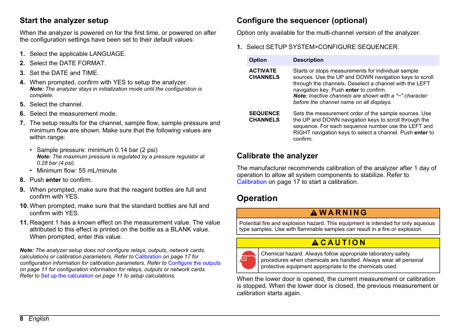 Start the analyzer setup, Configure the sequencer (optional), Calibrate the analyzer | Operation | Hach-Lange HACH 5500 sc SiO2 Operations User Manual | Page 8 / 394