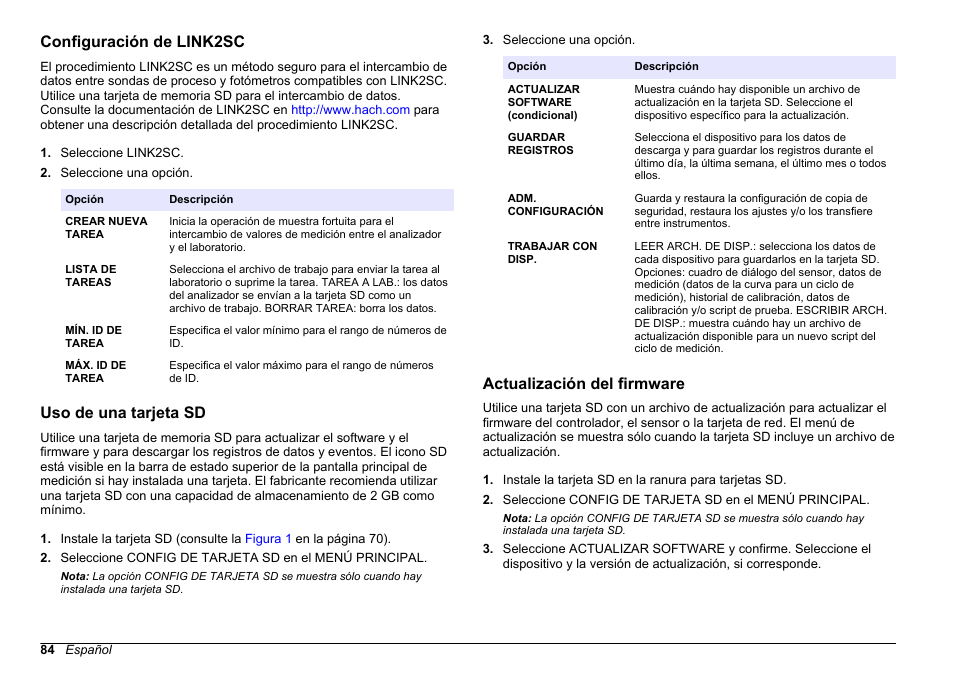 Configuración de link2sc, Uso de una tarjeta sd, Actualización del firmware | Hach-Lange HACH 5500 sc SiO2 Operations User Manual | Page 84 / 394