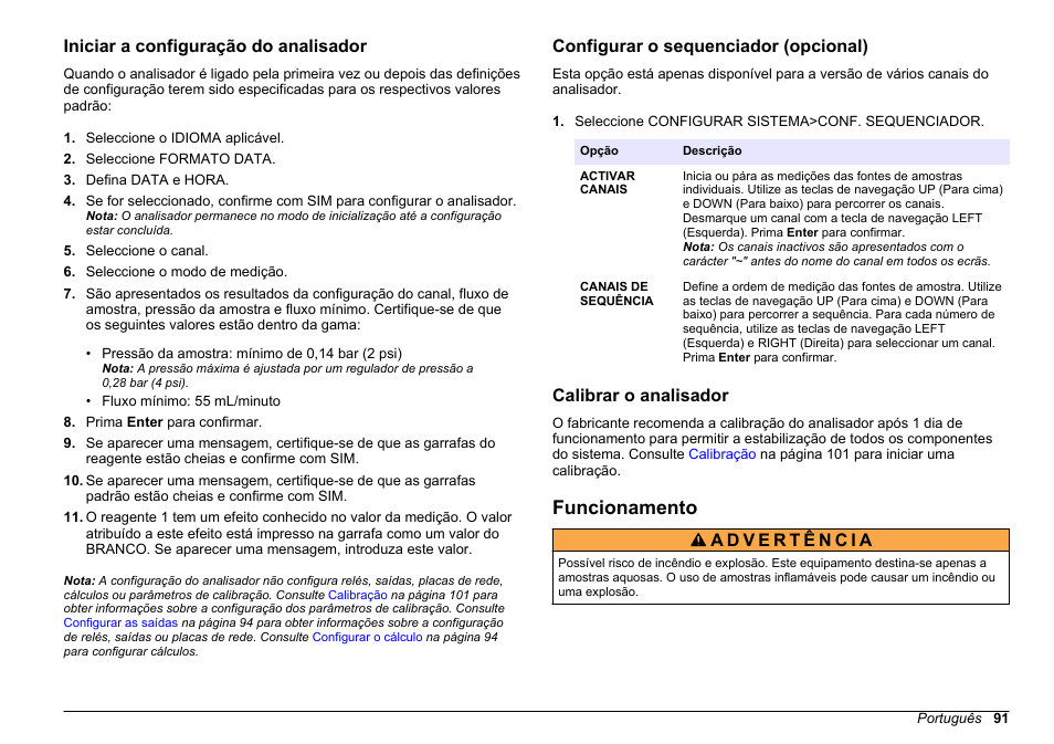 Iniciar a configuração do analisador, Configurar o sequenciador (opcional), Calibrar o analisador | Funcionamento | Hach-Lange HACH 5500 sc SiO2 Operations User Manual | Page 91 / 394