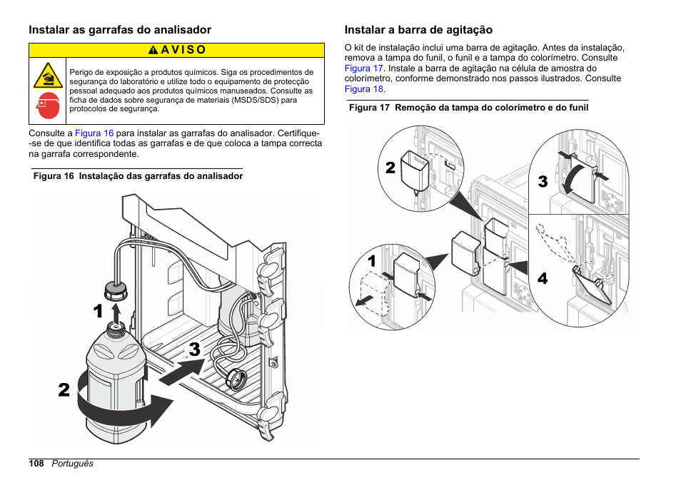 Instalar as garrafas do analisador, Instalar a barra de agitação | Hach-Lange POLYMETRON 9610 sc SiO2 Operations User Manual | Page 108 / 410