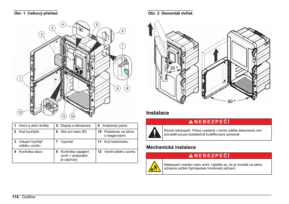 Instalace, Mechanická instalace, Na straně 114 | Obr. 1, Přístup snadno odmontovat. viz, Obr. 2 | Hach-Lange POLYMETRON 9610 sc SiO2 Operations User Manual | Page 114 / 410