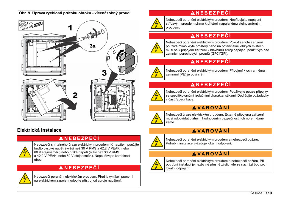 Elektrická instalace, Obr. 9, Rozsah rychlosti průtoku vzorku viz | Hach-Lange POLYMETRON 9610 sc SiO2 Operations User Manual | Page 119 / 410
