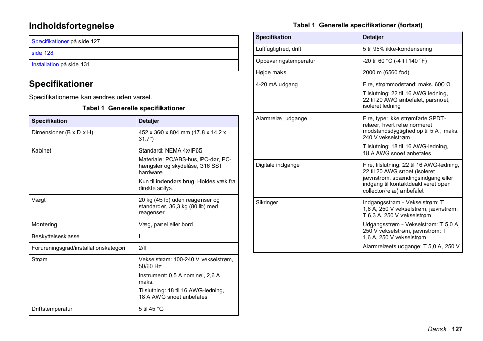 Installation, Indholdsfortegnelse, Specifikationer | Dansk | Hach-Lange POLYMETRON 9610 sc SiO2 Operations User Manual | Page 127 / 410