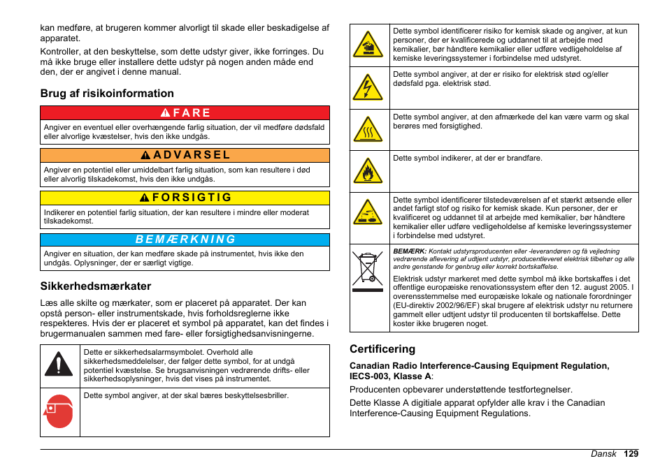 Brug af risikoinformation, Sikkerhedsmærkater, Certificering | Hach-Lange POLYMETRON 9610 sc SiO2 Operations User Manual | Page 129 / 410