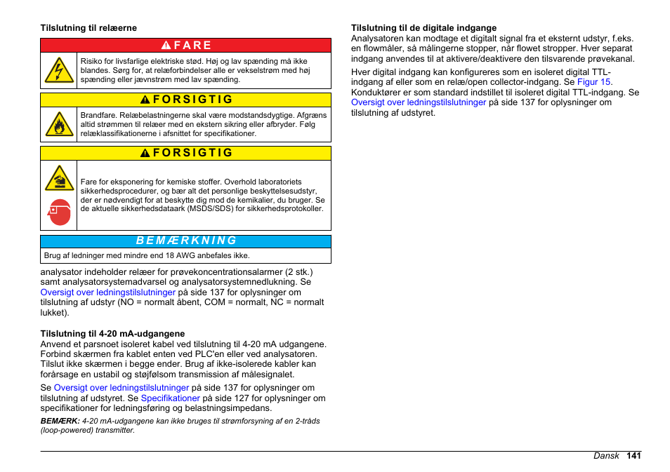 Tilslutning til relæerne, Tilslutning til 4-20 ma-udgangene, Tilslutning til de digitale indgange | F a r e | Hach-Lange POLYMETRON 9610 sc SiO2 Operations User Manual | Page 141 / 410