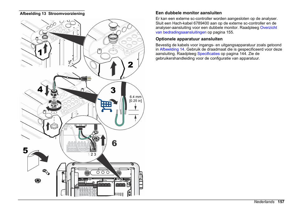 Een dubbele monitor aansluiten, Optionele apparatuur aansluiten, Afbeelding 13 | Om het instrument aan te sluiten op de voeding | Hach-Lange POLYMETRON 9610 sc SiO2 Operations User Manual | Page 157 / 410