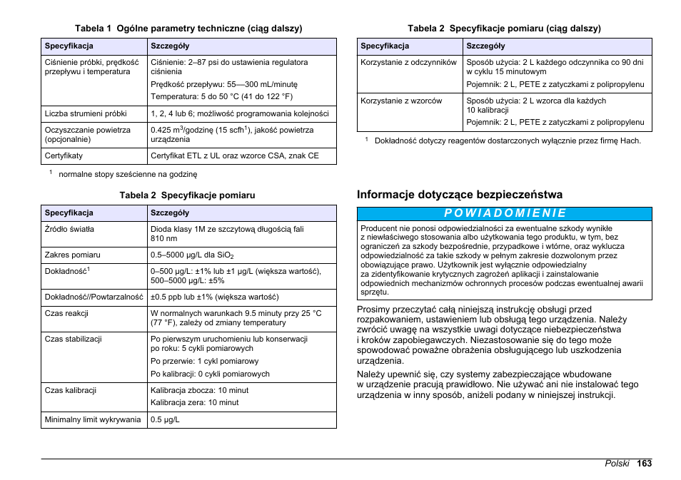 Informacje dotyczące bezpieczeństwa | Hach-Lange POLYMETRON 9610 sc SiO2 Operations User Manual | Page 163 / 410