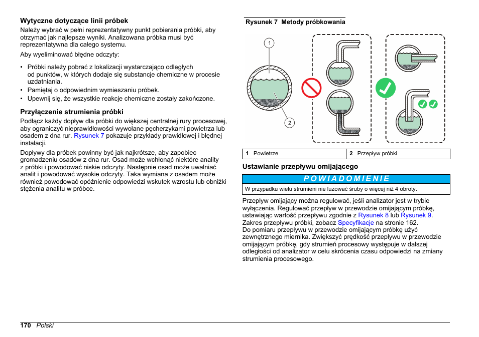 Wytyczne dotyczące linii próbek, Przyłączenie strumienia próbki, Ustawianie przepływu omijającego | Hach-Lange POLYMETRON 9610 sc SiO2 Operations User Manual | Page 170 / 410