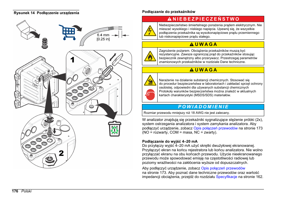 Podłączanie do przekaźników, Podłączanie do wyjść 4–20 ma, Rysunek 14 | Hach-Lange POLYMETRON 9610 sc SiO2 Operations User Manual | Page 176 / 410