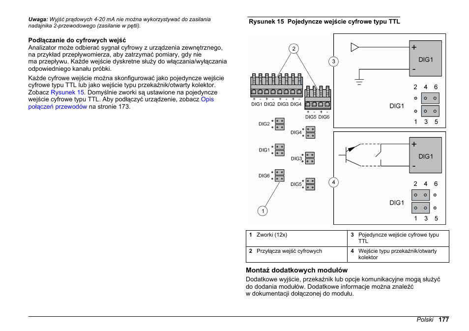 Podłączanie do cyfrowych wejść, Montaż dodatkowych modułów | Hach-Lange POLYMETRON 9610 sc SiO2 Operations User Manual | Page 177 / 410