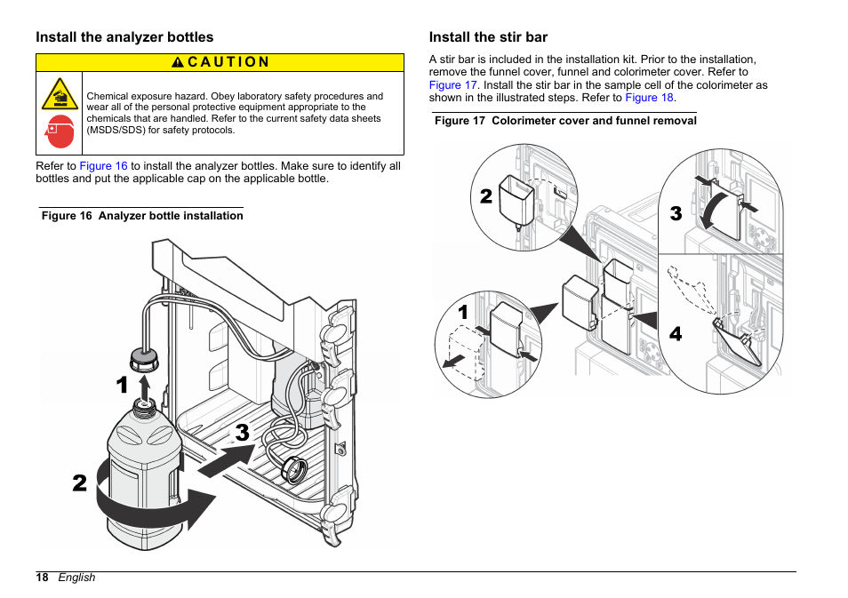 Install the analyzer bottles, Install the stir bar | Hach-Lange POLYMETRON 9610 sc SiO2 Operations User Manual | Page 18 / 410