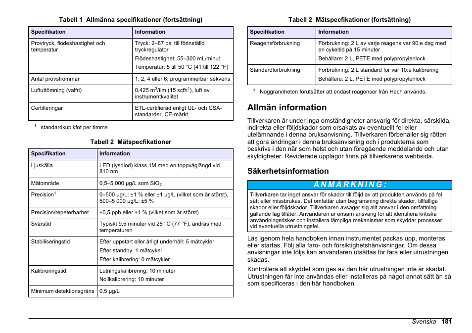 Allmän information, Säkerhetsinformation, På sidan 181 | Hach-Lange POLYMETRON 9610 sc SiO2 Operations User Manual | Page 181 / 410