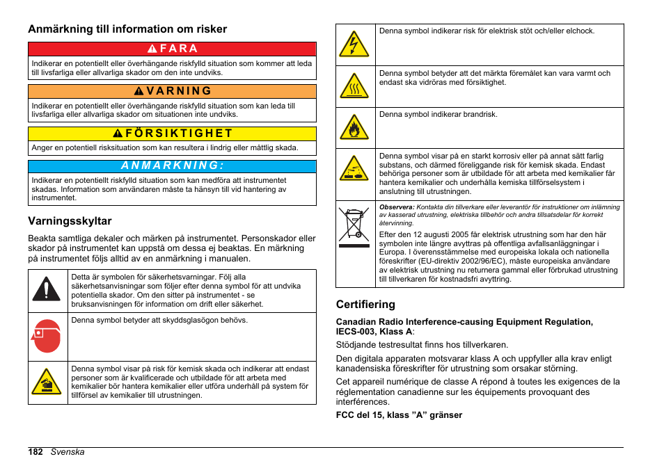 Anmärkning till information om risker, Varningsskyltar, Certifiering | Hach-Lange POLYMETRON 9610 sc SiO2 Operations User Manual | Page 182 / 410