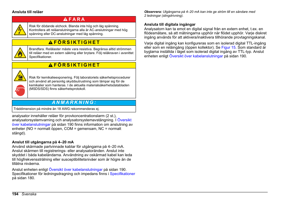 Ansluta till reläer, Anslut till utgångarna på 4–20 ma, Ansluta till digitala ingångar | F a r a | Hach-Lange POLYMETRON 9610 sc SiO2 Operations User Manual | Page 194 / 410