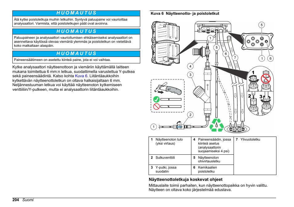 Näytteenottoletkuja koskevat ohjeet | Hach-Lange POLYMETRON 9610 sc SiO2 Operations User Manual | Page 204 / 410