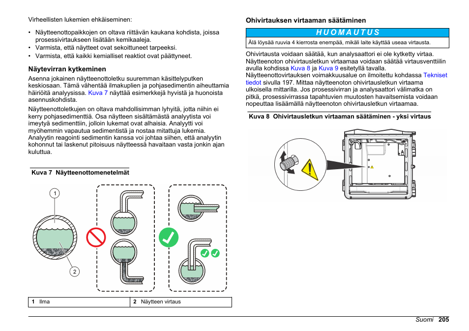 Näytevirran kytkeminen, Ohivirtauksen virtaaman säätäminen | Hach-Lange POLYMETRON 9610 sc SiO2 Operations User Manual | Page 205 / 410