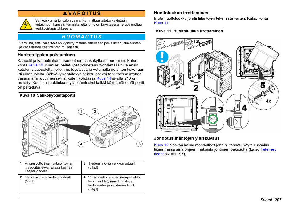 Huoltotulppien poistaminen, Huoltoluukun irrottaminen, Johdotusliitäntöjen yleiskuvaus | Hach-Lange POLYMETRON 9610 sc SiO2 Operations User Manual | Page 207 / 410