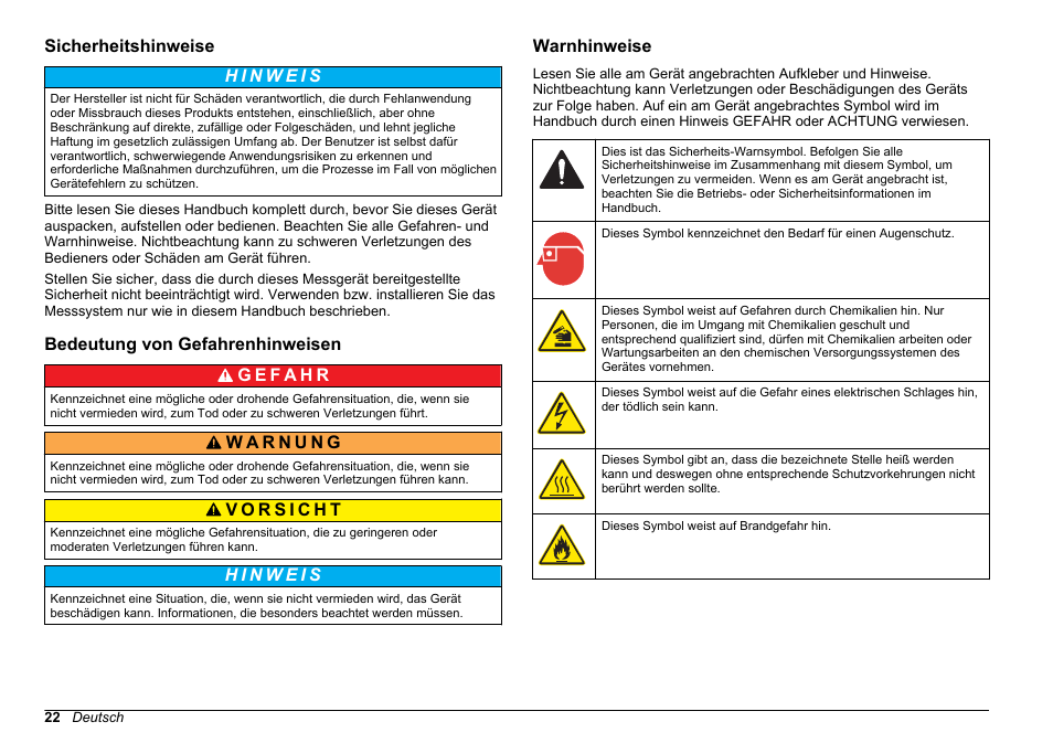 Sicherheitshinweise, Bedeutung von gefahrenhinweisen, Warnhinweise | Hach-Lange POLYMETRON 9610 sc SiO2 Operations User Manual | Page 22 / 410