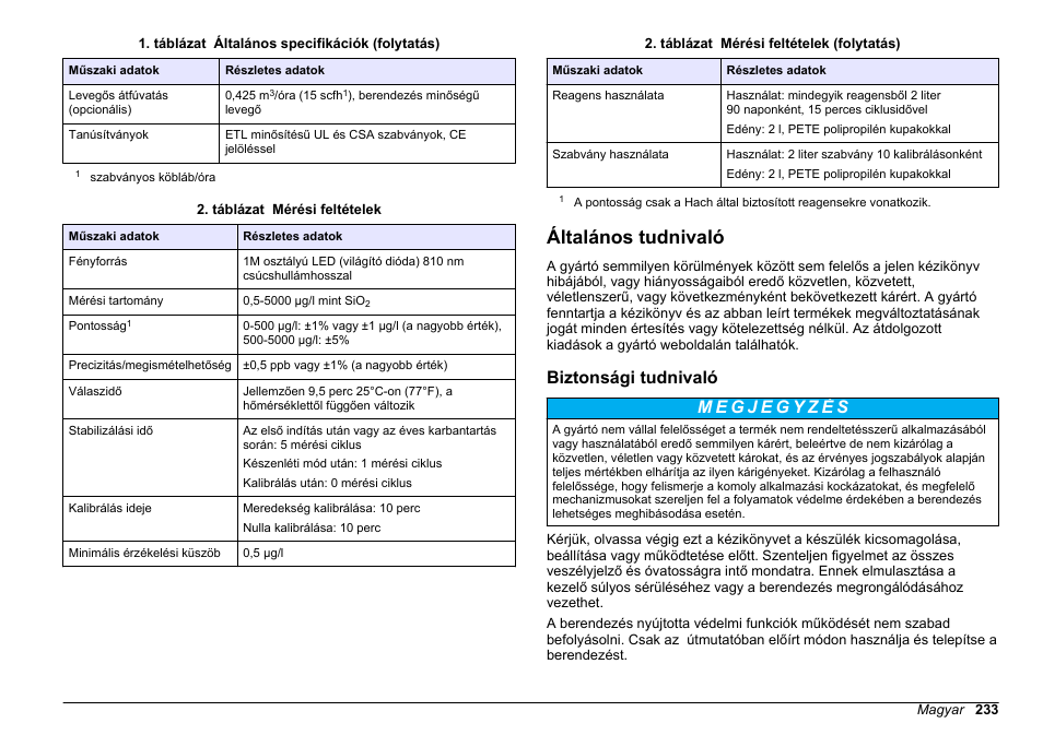 Általános tudnivaló, Biztonsági tudnivaló, 233 oldalon | Hach-Lange POLYMETRON 9610 sc SiO2 Operations User Manual | Page 233 / 410