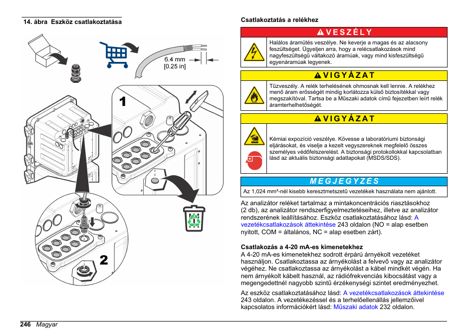 Csatlakoztatás a relékhez, Csatlakozás a 4-20 ma-es kimenetekhez, Rögzítőelemeket, lásd | Ábra | Hach-Lange POLYMETRON 9610 sc SiO2 Operations User Manual | Page 246 / 410