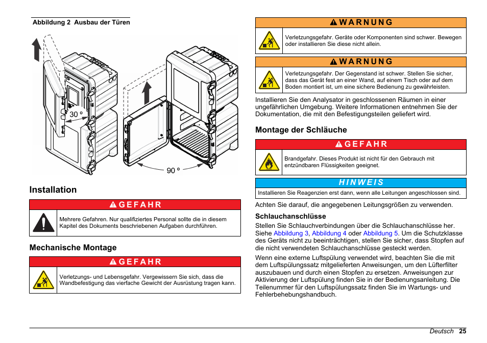 Installation, Mechanische montage, Montage der schläuche | Schlauchanschlüsse, Abbildung 2 | Hach-Lange POLYMETRON 9610 sc SiO2 Operations User Manual | Page 25 / 410