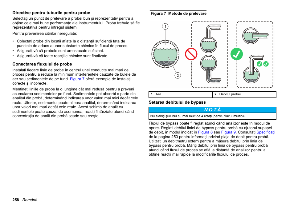 Directive pentru tuburile pentru probe, Conectarea fluxului de probe, Setarea debitului de bypass | N o t ã | Hach-Lange POLYMETRON 9610 sc SiO2 Operations User Manual | Page 258 / 410