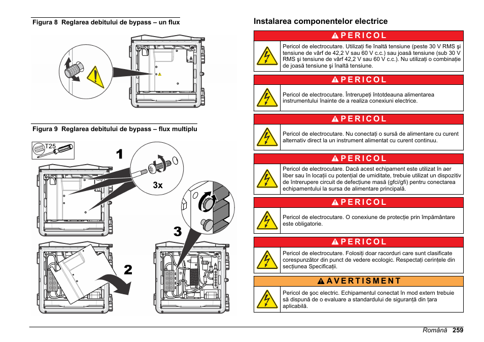 Instalarea componentelor electrice, De debit, în modul indicat în, Figura 8 | Figura 9 | Hach-Lange POLYMETRON 9610 sc SiO2 Operations User Manual | Page 259 / 410