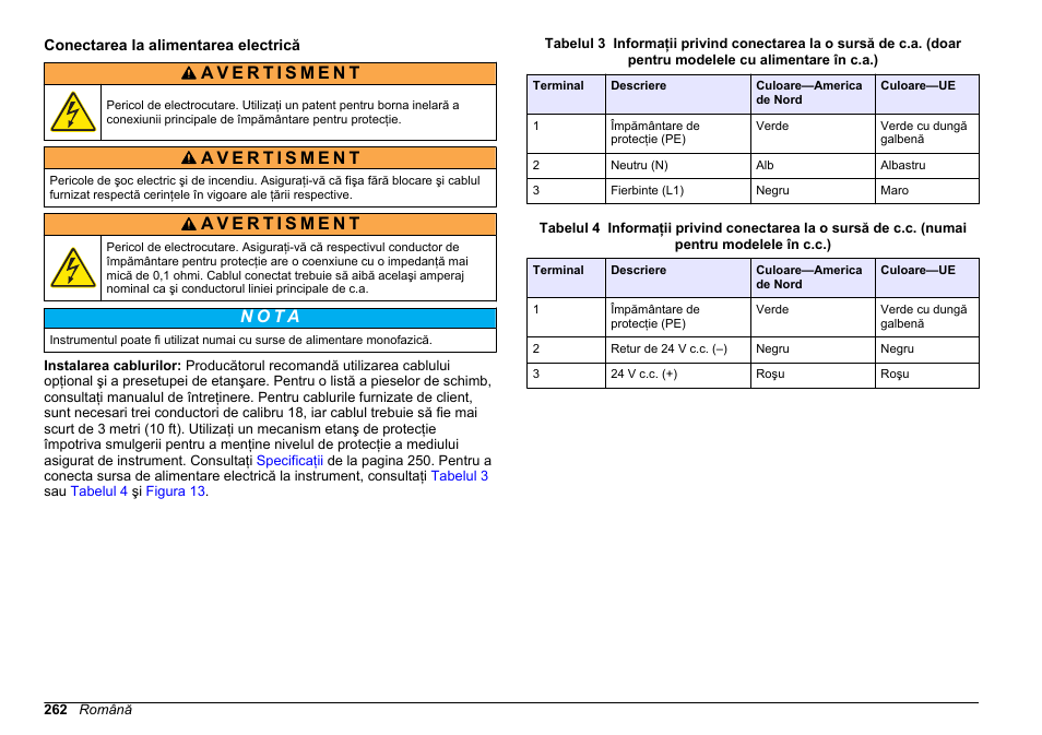Conectarea la alimentarea electrică, N o t ã | Hach-Lange POLYMETRON 9610 sc SiO2 Operations User Manual | Page 262 / 410