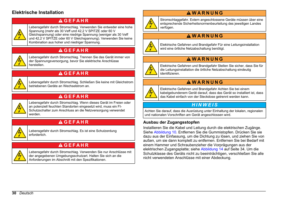 Elektrische installation, Ausbau der zugangsstopfen | Hach-Lange POLYMETRON 9610 sc SiO2 Operations User Manual | Page 30 / 410