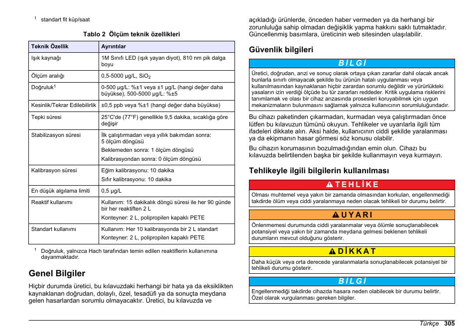 Genel bilgiler, Güvenlik bilgileri, Tehlikeyle ilgili bilgilerin kullanılması | Hach-Lange POLYMETRON 9610 sc SiO2 Operations User Manual | Page 305 / 410
