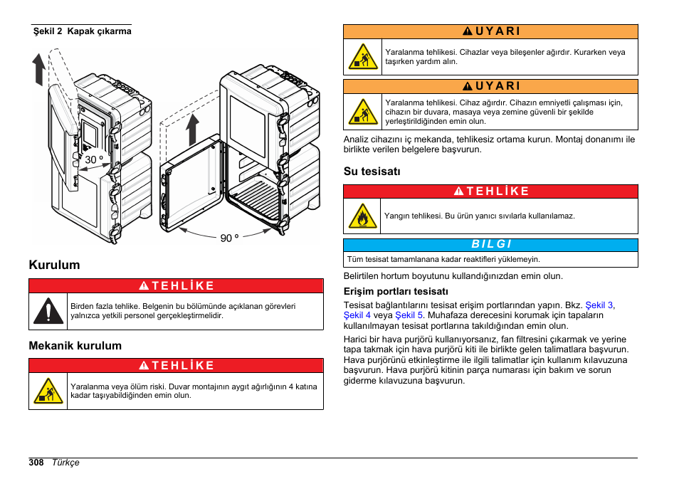 Kurulum, Mekanik kurulum, Su tesisatı | Erişim portları tesisatı | Hach-Lange POLYMETRON 9610 sc SiO2 Operations User Manual | Page 308 / 410
