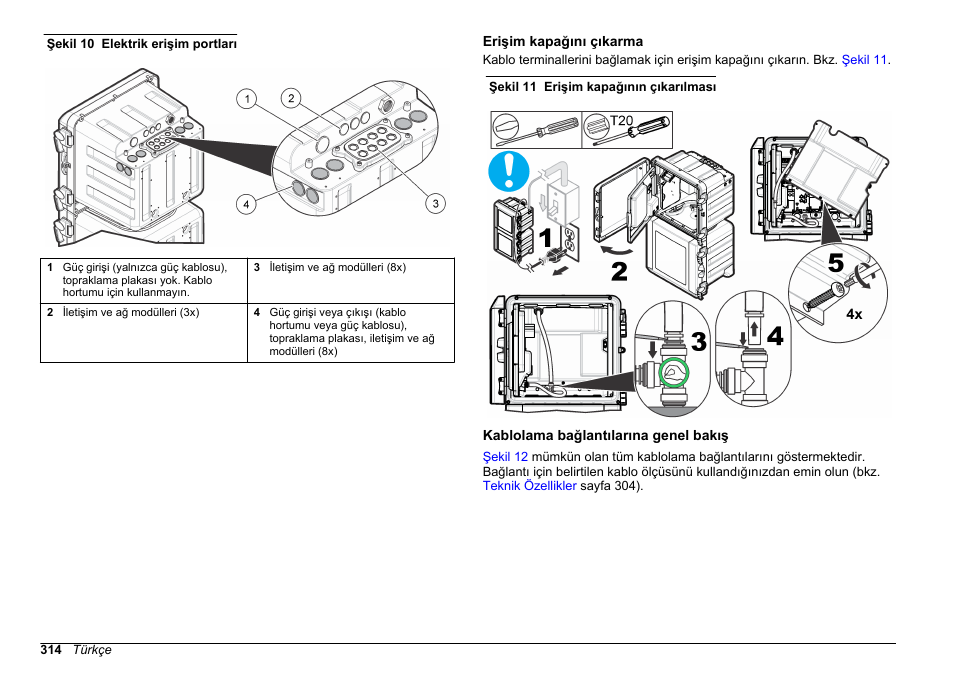 Erişim kapağını çıkarma, Kablolama bağlantılarına genel bakış | Hach-Lange POLYMETRON 9610 sc SiO2 Operations User Manual | Page 314 / 410