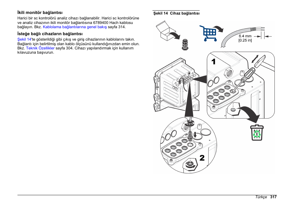 Ikili monitör bağlantısı, Isteğe bağlı cihazların bağlantısı | Hach-Lange POLYMETRON 9610 sc SiO2 Operations User Manual | Page 317 / 410